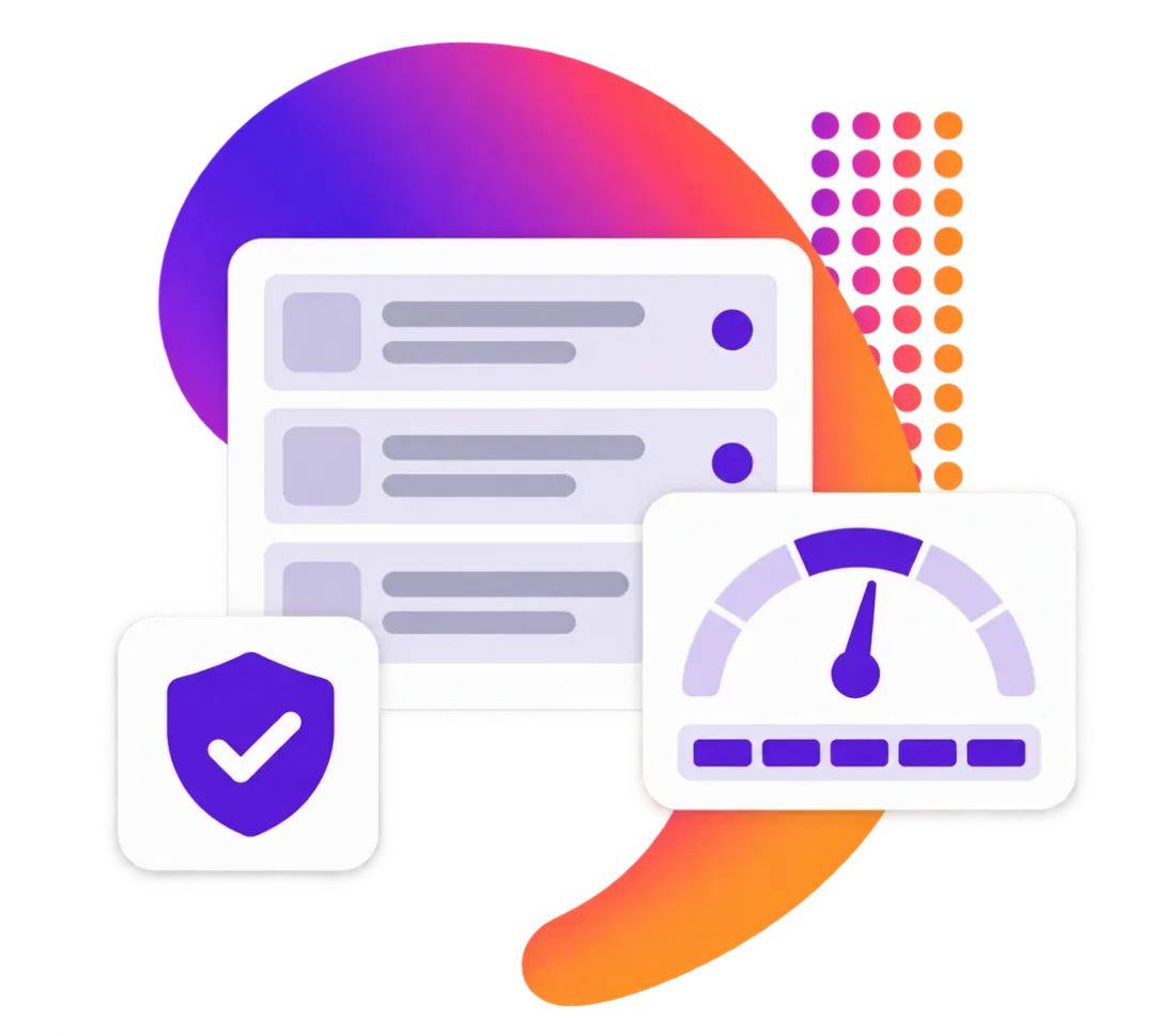 A website protected by a security shield, with a fast speed gauge.