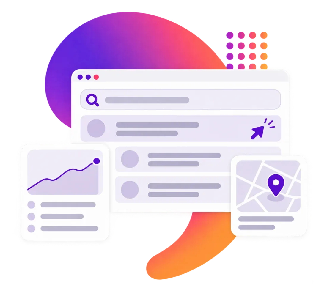 A search leading to a relevant page, with rising visits and a map location.